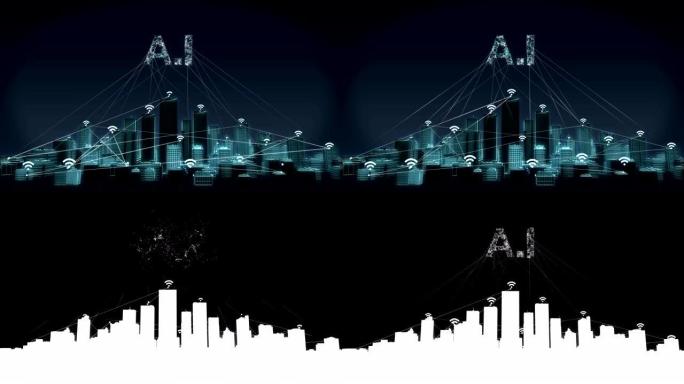 向前移动，智能城市上的各种wi-fi图标，连接 “i” 的智能建筑。4k。