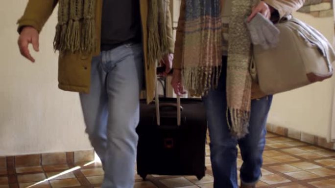 60多岁的高加索夫妇带着行李托运到酒店
