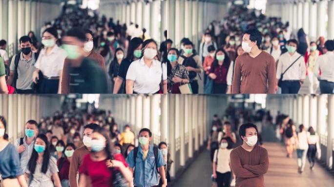 亚洲男子戴着口罩的时间流逝，以防止拥挤的人群中冠状病毒或新型冠状病毒肺炎爆发