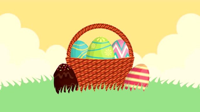 复活节快乐动画卡片，篮子里绘有鸡蛋