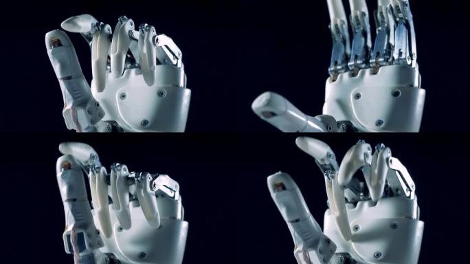 机器人假肢工作，弯曲手指，特写。