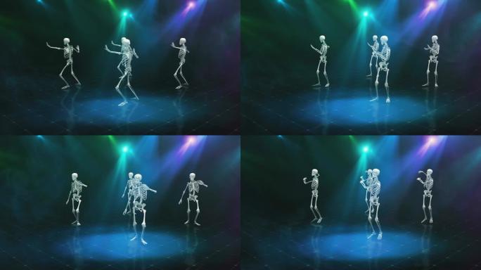在明亮的闪烁场景中，三个在烟雾中跳舞的骨架，无缝循环动画