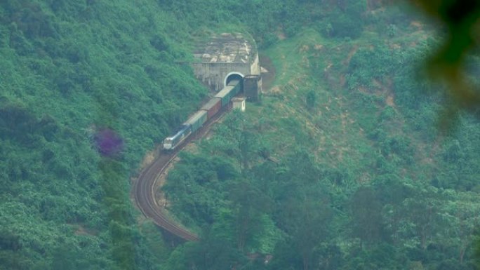 空中: 长长的货运列车从隧道出来，穿过森林。