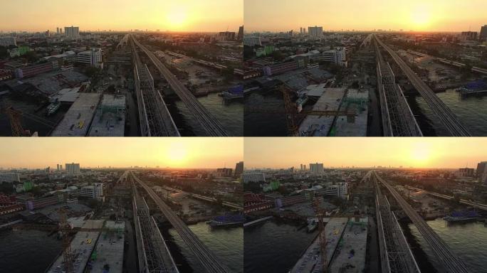 桥梁施工现场的空中日落视图拍摄