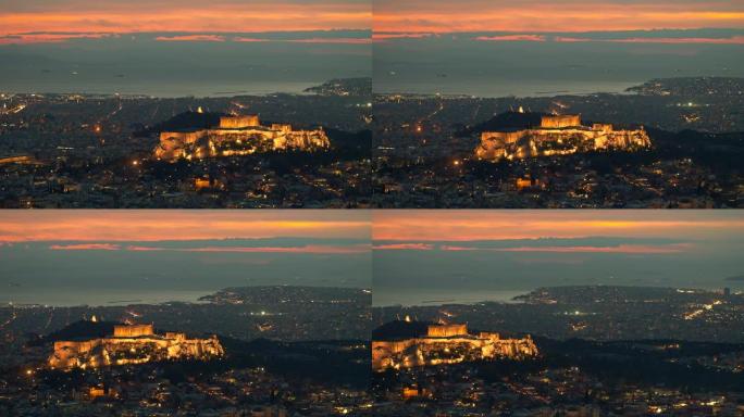 希腊雅典。日落之后的雅典卫城和城市的景色。平移镜头