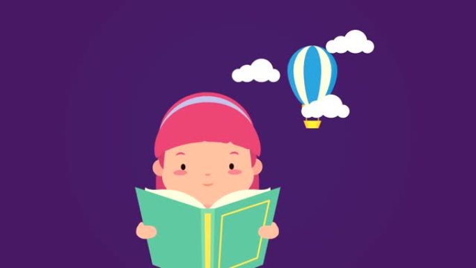 世界读书日庆祝活动，小女孩阅读和热气球