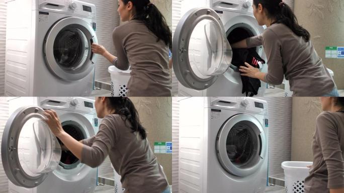 亚洲女性在家洗衣洗衣服打开家务