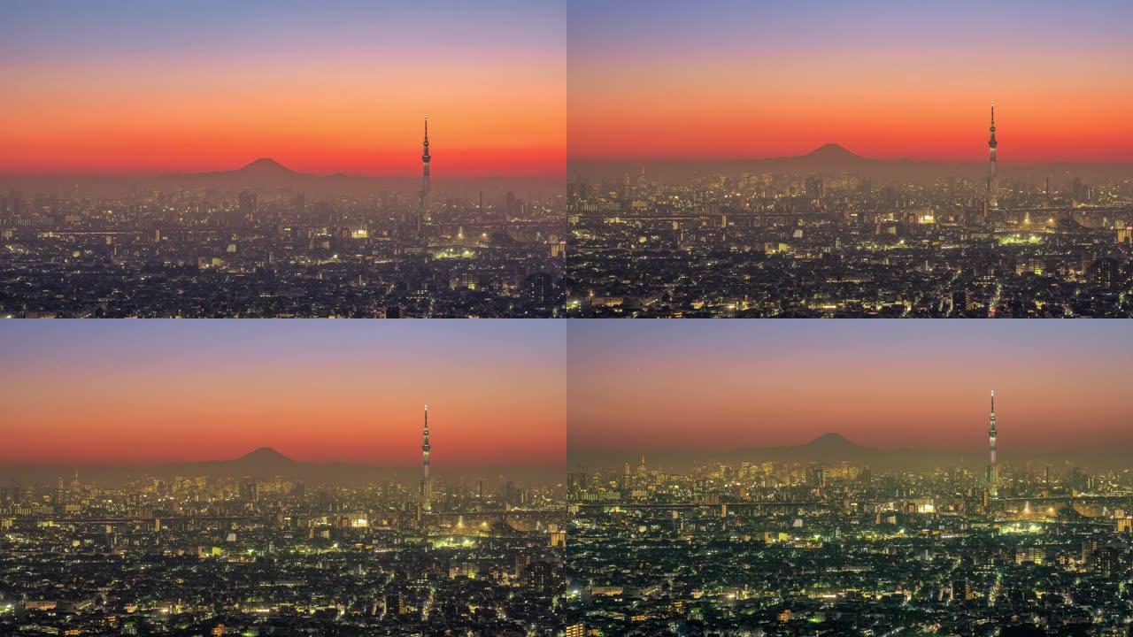 东京市黄昏与富士山