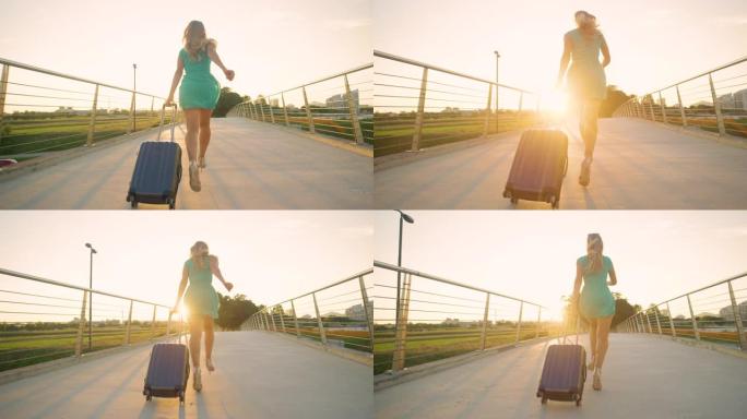 镜头耀斑: 穿着高跟鞋的旅游女孩带着行李冲刺以赶上她的航班。