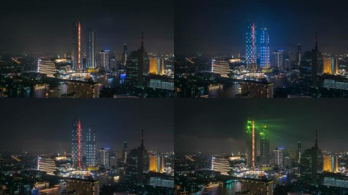 曼谷城市景观河边夜间的4k时间流逝