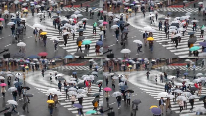 雨中穿越街道，涩谷日本