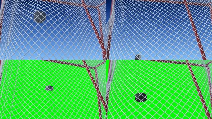 特写镜头中的目标时刻。冰球飞入盖茨网格，在蓝天背景上慢动作挥舞。美丽的3d动画。主动运动概念。