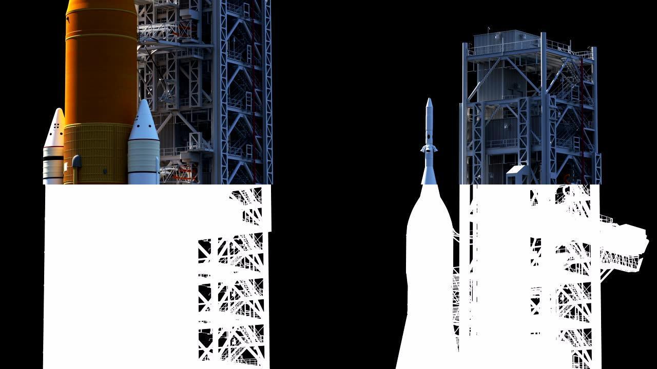 发射台上的太空发射系统。Luma频道。3D动画。4K。