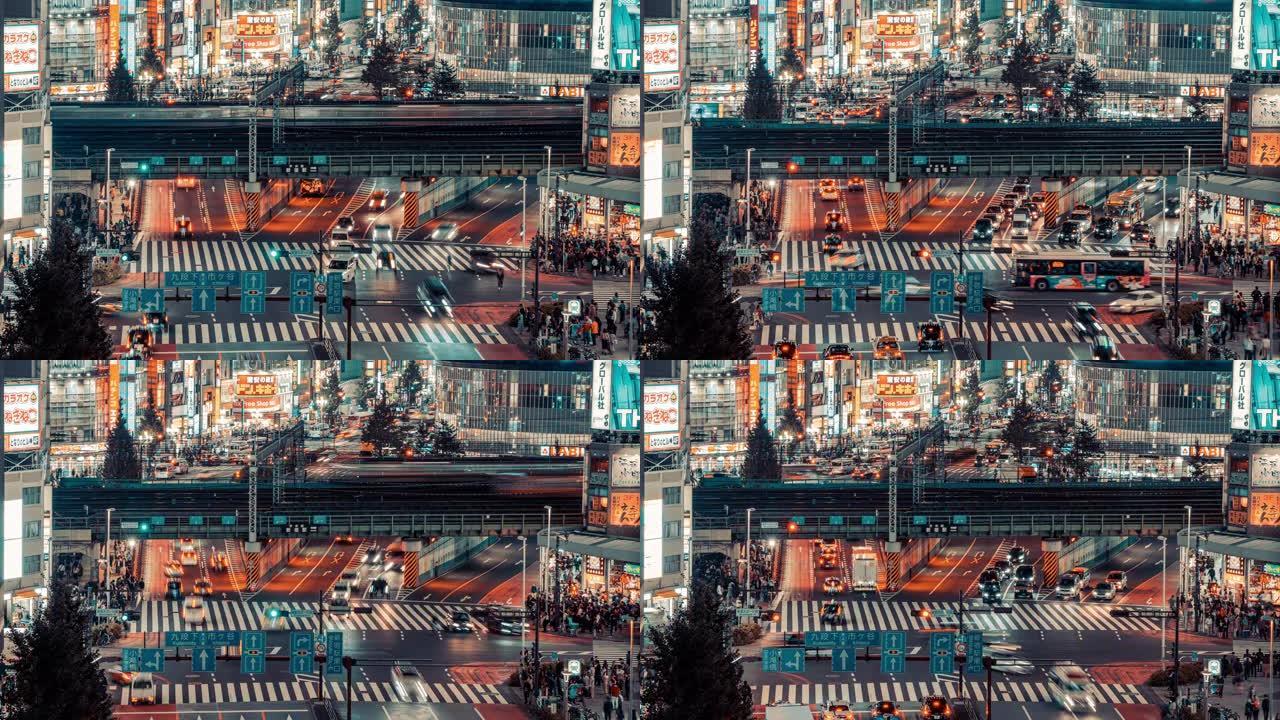 4k分辨率时间流逝在新宿拥挤的人和交通方式与广告牌广告东京城市，日本著名的地方，东京旅游景点地标，亚