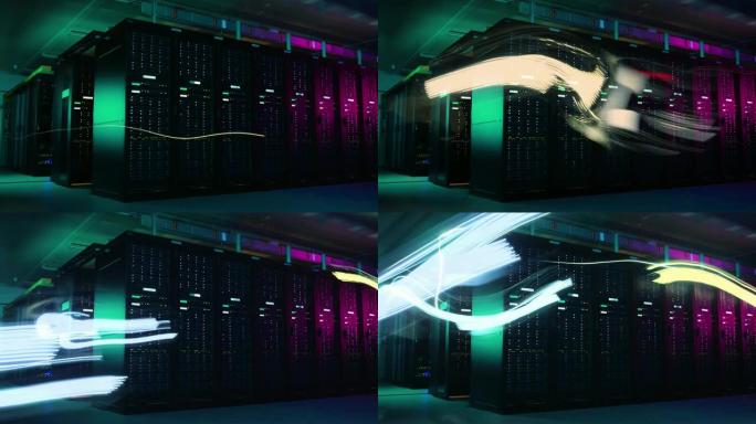 霓虹灯黑暗数据中心的延时，光线在多排操作服务器机架之间飞行。快速现代世界的概念，信息和数据流的即时传