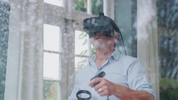 当成熟的男人戴着虚拟现实耳机并拿着游戏控制器时，透过窗口观看