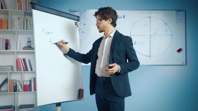 公司管理层的业务教练解释了如何有效地培训您的团队，在白板上绘制图表。在线课程、远程工作、视频会议、电