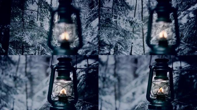 提着灯笼走在森林里的美女。冬季仙境