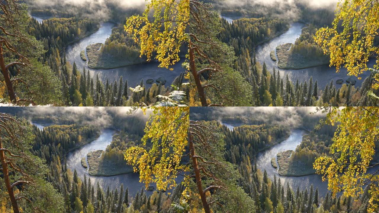 芬兰奥兰卡国家公园的秋季照片。秋树、河流和雾的景观。UHD, 4K