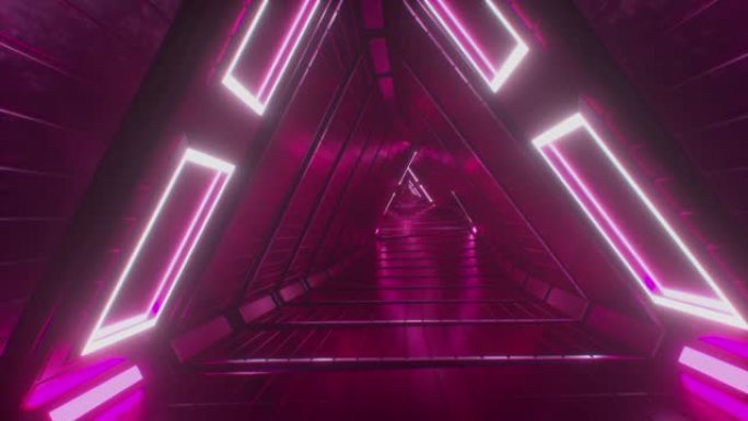 飞过发光的霓虹灯三角形创造隧道，现代多彩的照明，4k循环动画