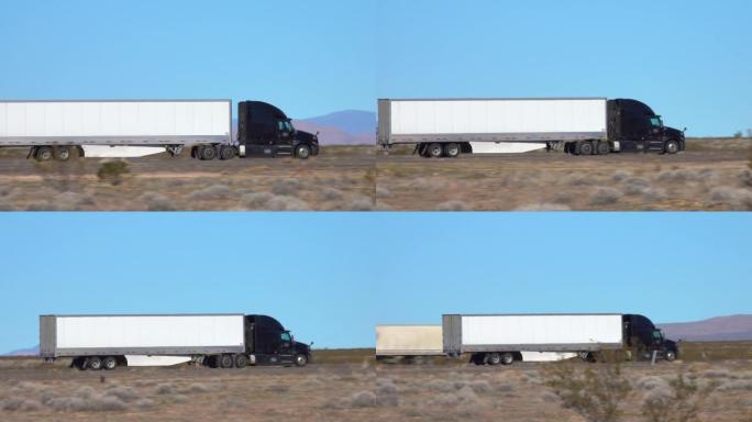 特写: 黑色卡车沿着穿越沙漠的州际公路行驶