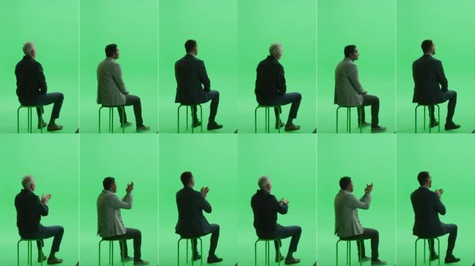 4合1绿屏拼贴: 坐在色度钥匙椅子上的三个不同的男人。后视图全分割屏幕截图。会议，观众概念。多个剪辑