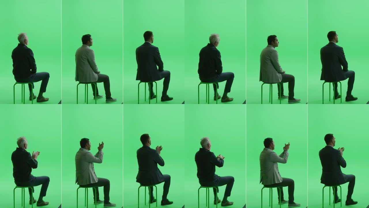 4合1绿屏拼贴: 坐在色度钥匙椅子上的三个不同的男人。后视图全分割屏幕截图。会议，观众概念。多个剪辑