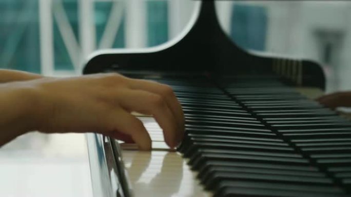 音乐家弹钢琴，在前面读乐谱。音乐家或作曲家用长手指压碎琴键。