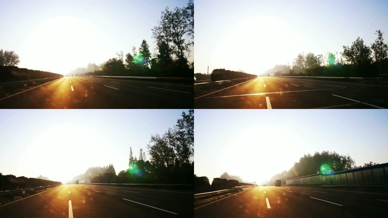 日出在高速公路上行驶