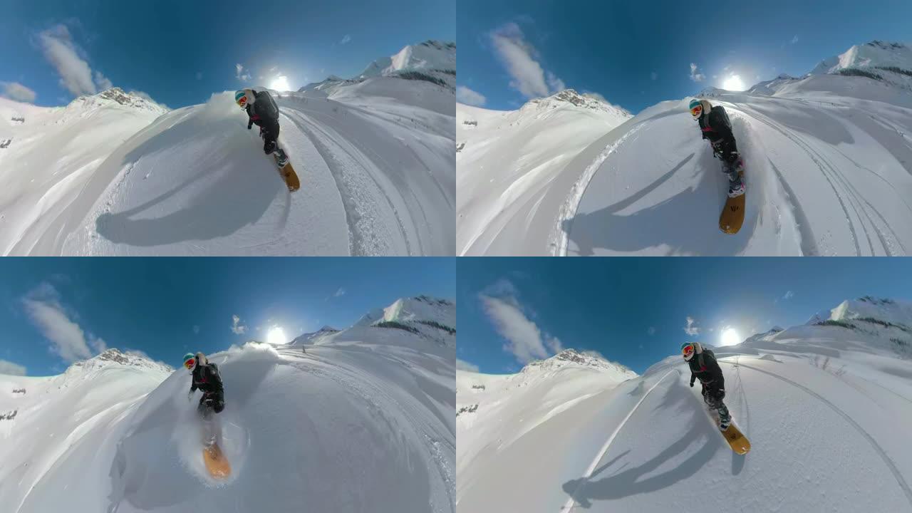360VR: 凉爽的滑雪板女孩沿着陡峭的雪山骑行。