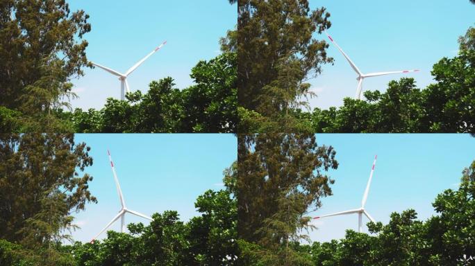 风力涡轮机产生清洁电力
树后，4k
