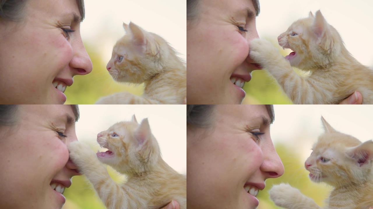 慢动作: 快乐的女孩抱着一只好奇的橙色小猫靠近她的脸。