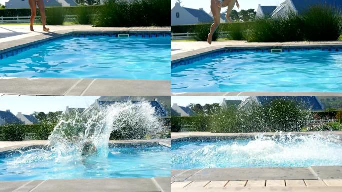 阳光明媚的日子里，年轻的混血女子在游泳池里跳跃的前视图4k