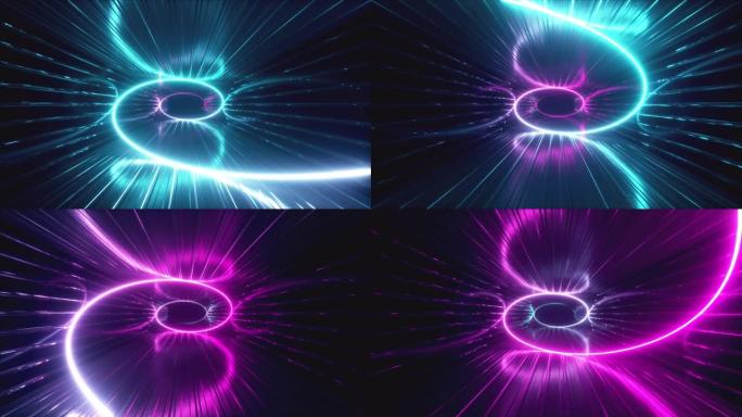 抽象霓虹灯背景。3d渲染霓虹紫外线螺旋沿金属走廊扩散。催眠螺旋，蓝红粉色紫色光谱，无缝循环4k动画