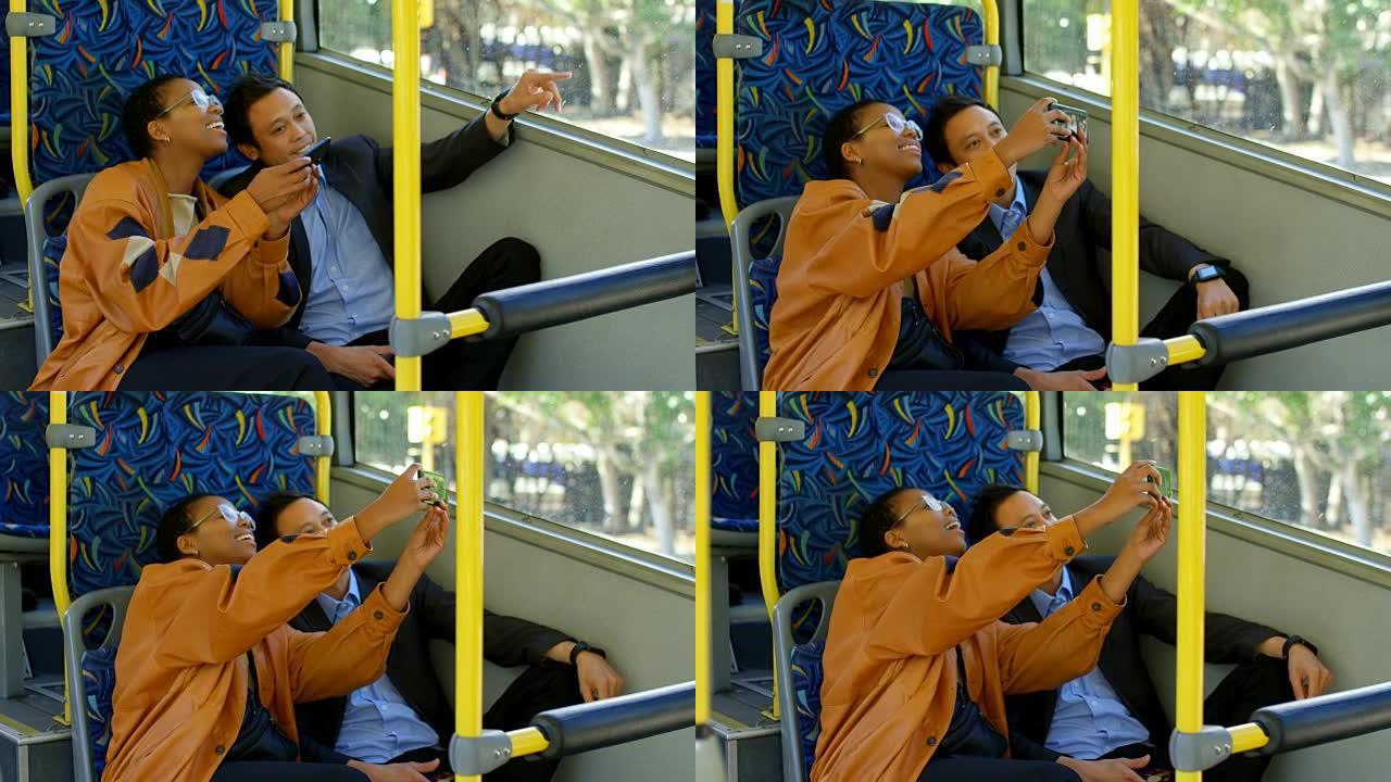 情侣在4k公交车上拍照时用手机拍照