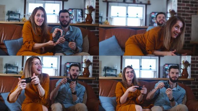开朗的年轻白人夫妇互相玩游戏机，在家里一起玩慢动作。