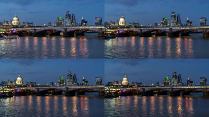 延时: 英国伦敦的圣保罗大教堂，泰晤士河日落黄昏。