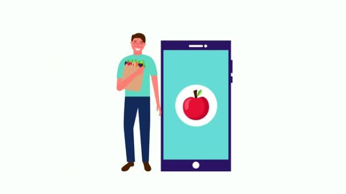 智能手机中有新鲜健康食品的年轻人