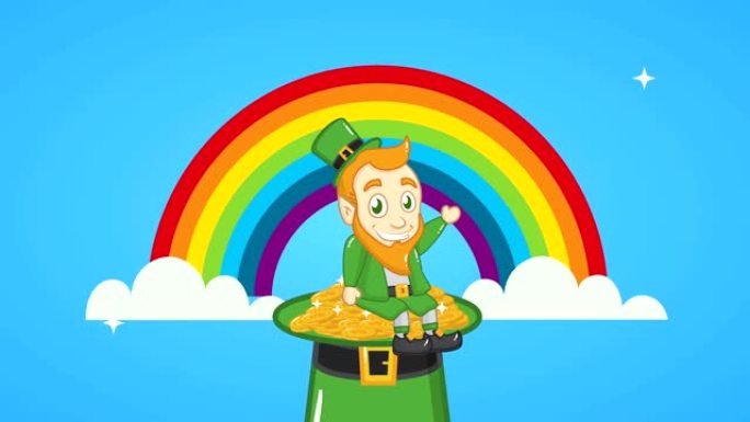 圣帕特里克节动画卡片，彩虹中的精灵和帽子