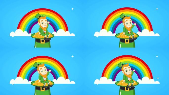 圣帕特里克节动画卡片，彩虹中的精灵和帽子