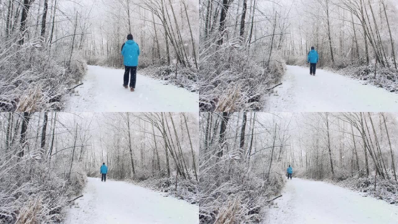 男子在暴风雪中走在树林中