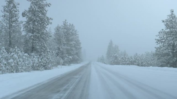 POV: 在一场严重的暴风雪中，在华盛顿的一条白雪皑皑的乡村道路上行驶。