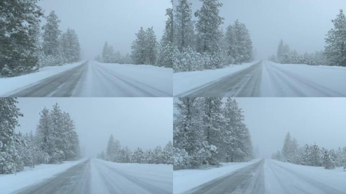 POV: 在一场严重的暴风雪中，在华盛顿的一条白雪皑皑的乡村道路上行驶。