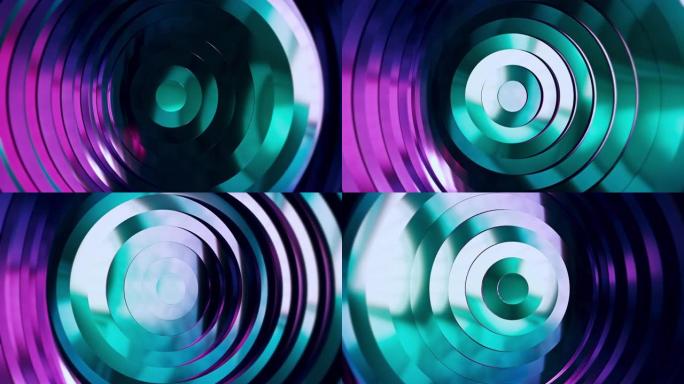 具有位移效应的圆的抽象模式。现代紫外线蓝色紫色霓虹灯。清洁戒指动画。业务演示的摘要背景。无缝循环4k