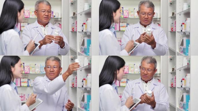 一名高级男性药剂师顾问，与年轻的亚洲女性在药店有吸引力的同事。职业，医学和保健，医学教育，制药部门，