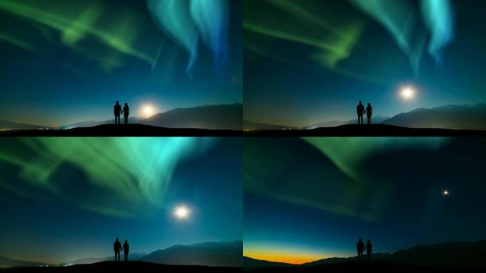 这对夫妇站在山上，面对着北极光的天空。时间流逝