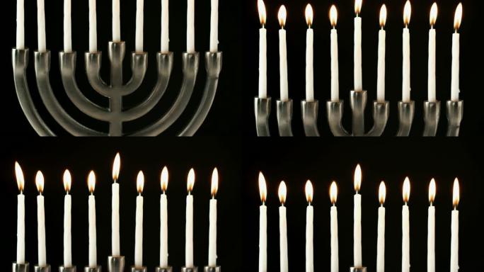 犹太烛台烛台的倾斜镜头，黑色背景下点燃蜡烛