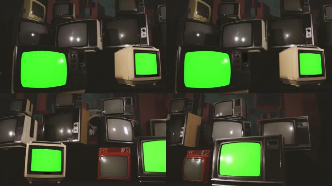 绿屏80年代电视组。多莉平行射击。点燃的音调。