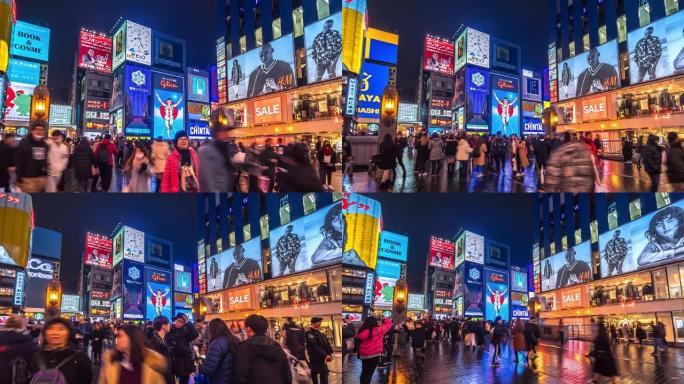 4K.大阪难波区的时间流逝在日本大阪难波街市场拥挤的人们