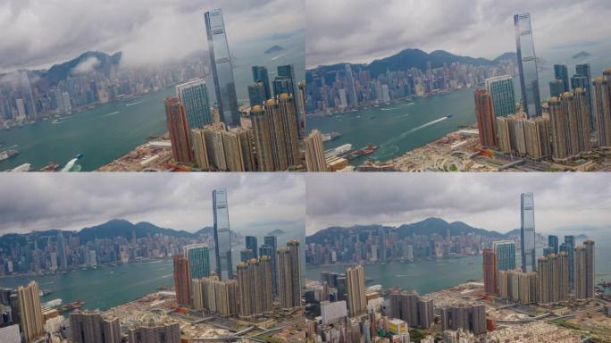 阴天维多利亚港及香港海滨的空中FPV镜头